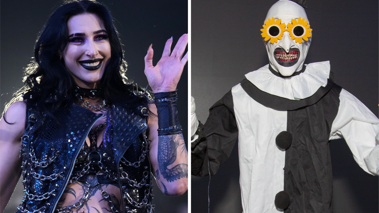Watch Terrifier baddie Art The Clown ‘kill’ WWE wrestler Rhea Ripley during an Ice Nine Kills concert last weekend