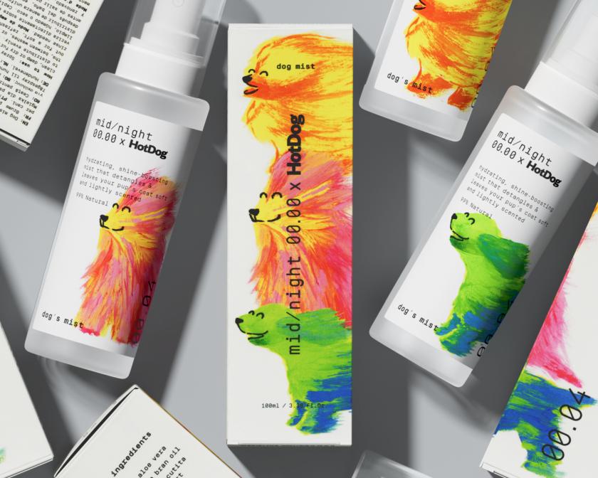 SMLXL put ecstatic dogs with wind blowing in their fur on a cosmetics bottle