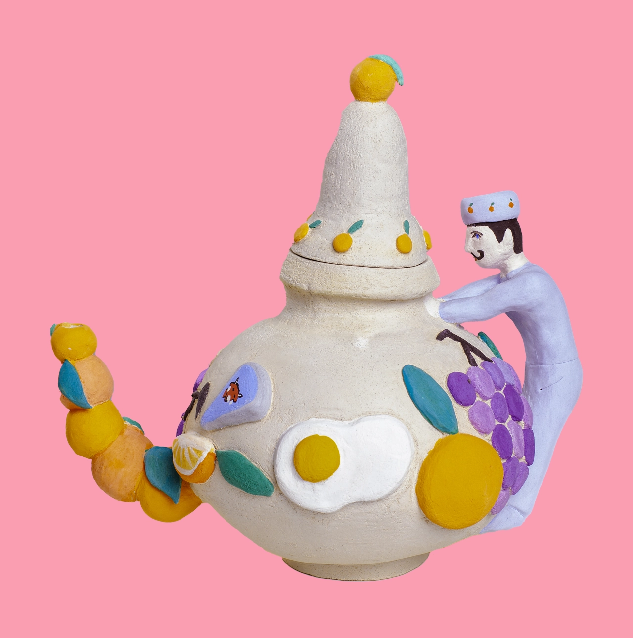 Fried-egg teapots, tufted roll cakes and Moroccan landscapes feature in Myriam Lemon’s creations